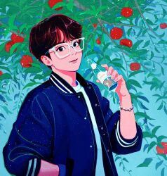 Rule 34 | 1boy, apple tree, ateez, bishounen, blue jacket, blue sky, bracelet, branch, brown hair, choi jong-ho, commentary, day, glasses, hand in pocket, jacket, jewelry, k-pop, male focus, open clothes, open jacket, outdoors, real life, shirt, sky, soda bottle, soorin, symbol-only commentary, tree, white shirt