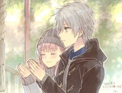 Rule 34 | 1boy, 1girl, 2021, atelier (series), atelier escha &amp; logy, black jacket, closed eyes, closed mouth, escha malier, grey hair, grey headwear, hands up, hani (udauda), hood, hood down, hooded jacket, jacket, knit hat, logix ficsario, open clothes, open jacket, own hands together, pink hair, pom pom (clothes), short hair, shrine, smile, twintails, u u, yellow eyes