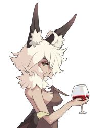 Rule 34 | 1girl, animal ears, bare shoulders, bat ears, bat wings, black nails, breasts, brown leotard, cleavage, closed mouth, commentary, cup, draculina (vins-mousseux), drinking glass, english commentary, fingernails, fur collar, highres, holding, holding cup, leotard, looking at viewer, looking to the side, medium breasts, nail polish, original, perky breasts, profile, short hair, sideways glance, simple background, slit pupils, smile, solo, upper body, vins-mousseux, white background, white hair, wine glass, wings, yellow eyes