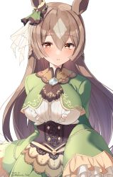 Rule 34 | 1girl, animal ears, blush, breasts, brown hair, center frills, commentary request, dated, frills, green jacket, green skirt, grey hair, half updo, highres, hirota fruit, horse ears, jacket, large breasts, long hair, long sleeves, looking at viewer, multicolored hair, parted lips, red eyes, satono diamond (umamusume), shirt, signature, simple background, skirt, sleeves past fingers, sleeves past wrists, solo, two-tone hair, umamusume, very long hair, white background, white shirt