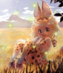 Rule 34 | 10s, 1girl, animal ears, animal print, bare shoulders, blonde hair, blue sky, brown eyes, cat ears, cat tail, cloud, day, elbow gloves, gloves, highres, kemono friends, looking at viewer, mountain, nature, open mouth, outdoors, savannah, serval (kemono friends), serval print, serval tail, shimotsukishin, shirt, short hair, sitting, skirt, sky, sleeveless, sleeveless shirt, solo, tail, thighhighs, white shirt, zettai ryouiki