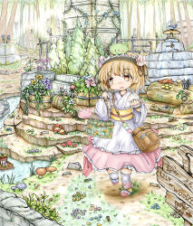 Rule 34 | 3girls, animal, animal on head, apricot (flower knight girl), apricot blossom, bag, blonde hair, blush stickers, bottle, rabbit, cat, dress, fairy, flower, flower knight girl, forest, fountain, grass, hair flower, hair ornament, hairband, handbag, highres, layered dress, lion, log, lolita hairband, looking at viewer, multiple girls, mushroom, nature, obi, on head, open mouth, outdoors, over-kneehighs, plant, potted plant, sash, satchel, short hair, sign, standing, standing on one leg, stream, thighhighs, vines, whale, white legwear, yellow eyes, ys (ytoskyoku-57)