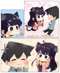 Rule 34 | 1boy, 1girl, absurdres, animal ear fluff, animal ears, artist name, barefoot, black hair, black shorts, blue background, bow, bowtie, breasts, cardigan, cat ears, cat tail, cheek pinching, chibi, closed mouth, collared shirt, commentary, eye contact, flower, gradient background, hair flower, hair ornament, hands on own cheeks, hands on own face, hands up, heart, highres, j humbo, kemonomimi mode, komi-san wa komyushou desu, komi shouko, leaning forward, long hair, looking at another, medium breasts, motion lines, no mouth, no nose, open cardigan, open clothes, open mouth, paw pose, pinching, pink background, pink cardigan, purple eyes, purple hair, shirt, short hair, short shorts, shorts, signature, slap mark, slap mark on face, sweat, swept bangs, tadano hitohito, tail, very long hair, yellow bow, yellow bowtie