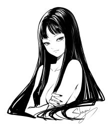 Rule 34 | 1girl, artist name, breasts, character request, collarbone, copyright request, greyscale, hair censor, highres, long hair, looking at viewer, medium breasts, mole, mole under eye, monochrome, nail polish, nude, sheya, signature, simple background, smile, solo, upper body, very long hair, white background