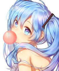 Rule 34 | 1girl, blue eyes, blue hair, chewing gum, gamathx, hair between eyes, hair ornament, hatsune miku, highres, long hair, off shoulder, portrait, shiny skin, simple background, solo, twintails, vocaloid, white background