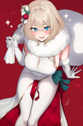 Rule 34 | 1girl, blonde hair, blue eyes, blush, breasts, christmas, commentary request, crown, from above, fur trim, gloves, hair between eyes, hayabusa (vert 320), highres, holding, large breasts, looking at viewer, mini crown, mole, mole under eye, open mouth, original, pantyhose, red background, short hair, signature, sitting, smile, solo, thick eyebrows, white gloves, white pantyhose
