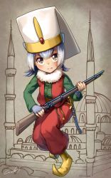 Rule 34 | 10s, 1girl, artist name, blouse, blush, commentary request, full body, fur collar, green shirt, grey hair, gun, hagia sophia, hat, highres, holding, holding weapon, janissary, kemono friends, long sleeves, multicolored eyes, pun, rifle, shirt, small-clawed otter (kemono friends), solo, turkey (bird), weapon, welt (kinsei koutenkyoku), yellow footwear