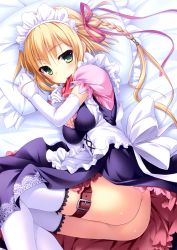 Rule 34 | 1girl, absurdres, ass, bankoku ayuya, bed sheet, blonde hair, braid, breasts, cleavage, corset, dress, elbow gloves, fetal position, from above, gloves, green eyes, highres, linja oehlenslaeger, lying, maid, maid headdress, no panties, on side, short hair, thigh strap, thighhighs, thighs, underbust, unmei senjou no phi, white gloves, white thighhighs