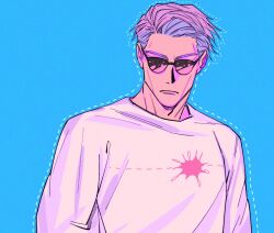 Rule 34 | 1boy, blue background, commentary, dotted line, english commentary, frown, jujutsu kaisen, long sleeves, looking at viewer, male focus, mineco000, nanami kento, pink theme, shirt, short hair, solo, sunglasses, upper body, white shirt