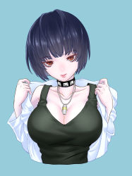 Rule 34 | 1girl, black dress, blue hair, breasts, choker, cleavage, coat, collar, dress, highres, jewelry, lab coat, looking at viewer, miracleyuuki, necklace, open clothes, open coat, persona, persona 5, simple background, takemi tae, upper body