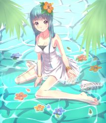 Rule 34 | 1girl, aqua hair, bare shoulders, barefoot, blush, bracelet, brown eyes, dress, feet, flower, hair flower, hair ornament, hibiscus, jewelry, long hair, open mouth, open shoes, original, partially submerged, sandals, shoes, unworn shoes, single shoe, sitting, sleeveless, sleeveless dress, smile, solo, touboku, wariza, water