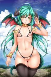 Rule 34 | 1girl, aqua hair, bad id, bad pixiv id, bra, breasts, colored eyelashes, contrapposto, cowboy shot, crotchless, crotchless panties, cupless bra, dragon girl, dragon horns, dragon wings, flat chest, gold trim, green hair, horns, long hair, nipples, oni-noboru, original, panties, pussy, revision, small breasts, solo, standing, thighhighs, uncensored, underwear, underwear only, wings, yellow eyes