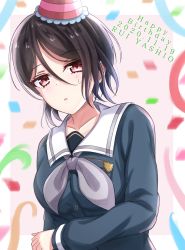 Rule 34 | 1girl, arm under breasts, asymmetrical hair, bang dream!, black hair, blue serafuku, blush, breasts, character name, collarbone, commentary request, crouching start, dated, grey neckerchief, hair between eyes, happy birthday, hat, highres, large breasts, long sleeves, looking at viewer, neckerchief, parted lips, party hat, pink eyes, sailor collar, school uniform, serafuku, short hair, single sidelock, solo, standing, streamers, sweat, tsukinomori school uniform, upper body, white sailor collar, yashio rui