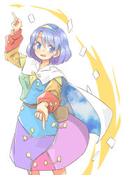 Rule 34 | 1girl, :d, arnest, bag, blue eyes, blue hair, cape, card, cowboy shot, hairband, highres, index finger raised, long sleeves, looking at viewer, multicolored clothes, multicolored hairband, open mouth, short hair, simple background, sky print, smile, solo, standing, tenkyuu chimata, touhou, white background, white cape