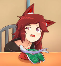 Rule 34 | 1girl, animal ears, blush, bowl, chair, collarbone, disgust, imaizumi kagerou, in bowl, in container, looking at viewer, meme, open mouth, parody, pet bowl, red eyes, red hair, sitting, sweat, touhou, trembling, uneven eyes, wakasagihime, wakasagihime (fish), wolf ears, wool (miwol)