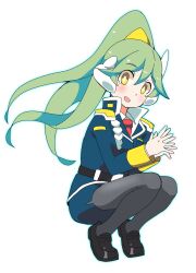Rule 34 | 1girl, :d, black footwear, blue jacket, blue outline, blue skirt, blush, collared shirt, commentary request, fujishiro nekomata, full body, green hair, grey pantyhose, hair between eyes, headgear, high ponytail, highres, jacket, loafers, looking at viewer, necktie, open mouth, original, outline, pantyhose, ponytail, red necktie, shirt, shoes, simple background, skirt, smile, solo, squatting, tiptoes, white background, white shirt, yellow eyes