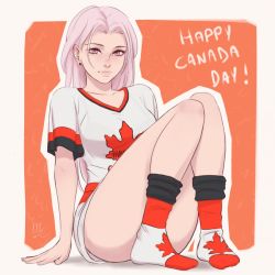 Rule 34 | 1girl, canada day, canadian flag, chloe (sciamano240), commentary, convenient leg, earrings, english commentary, english text, freckles, highres, jewelry, light smile, long hair, looking at viewer, no shoes, orange background, original, outline, parted bangs, pink eyes, pink hair, sciamano240, shirt, short shorts, short sleeves, shorts, signature, sitting, socks, solo, white outline
