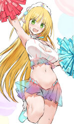 Rule 34 | 1girl, absurdres, akitaka akita, bare shoulders, blonde hair, blush, bra, breasts, cleavage, cleavage cutout, clothing cutout, elf, food-themed hair ornament, green eyes, hair ornament, hat, heart cutout, highres, large breasts, long hair, looking at viewer, macaron hair ornament, navel, open mouth, original, pointy ears, pom pom (cheerleading), rainbow skirt, solo, sports bra, tearing up, thighs, underwear, white bra, white hat