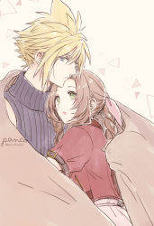 Rule 34 | 1boy, 1girl, aerith gainsborough, ancotsubu, blonde hair, blue eyes, blue shirt, braid, braided ponytail, brown hair, cloud strife, couple, cropped jacket, dress, final fantasy, final fantasy vii, final fantasy vii remake, green eyes, hair between eyes, hair ribbon, jacket, parted bangs, parted lips, pink dress, red jacket, ribbon, shirt, short sleeves, sidelocks, sleeveless, sleeveless turtleneck, spiked hair, square enix, turtleneck, upper body