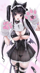 Rule 34 | 1girl, animal ears, animal hands, asymmetrical legwear, bikini, bikini top only, black bikini, black eyes, black hair, black thighhighs, blush, breasts, cat ears, cat paws, cat tail, hair ornament, hairband, highres, large breasts, long hair, looking at viewer, ompf, open mouth, original, panties, piercing, revealing clothes, see-through, see-through skirt, skirt, smile, solo, swimsuit, tail, thighhighs, twintails, underwear