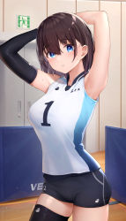 Rule 34 | 1girl, absurdres, armpits, arms behind head, blue eyes, brown hair, cowboy shot, elbow pads, exit sign, gym, gym shorts, hair between eyes, highres, jersey, knee pads, looking at viewer, original, parted lips, short hair, shorts, single elbow pad, single knee pad, solo, sportswear, sweat, vegetablenabe, volleyball uniform
