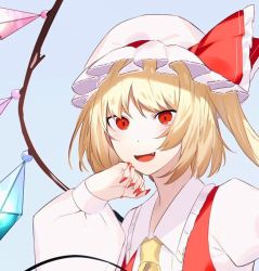Rule 34 | 1girl, blonde hair, blue background, bow, collar, crystal, flandre scarlet, hair between eyes, hand up, hat, hat bow, ikasoba, long sleeves, looking at viewer, mob cap, multicolored wings, nail polish, open mouth, ponytail, puffy sleeves, red bow, red eyes, red nails, red vest, shirt, short hair, simple background, smile, solo, touhou, upper body, vest, white collar, white hat, white shirt, white sleeves, wings, yellow neckwear