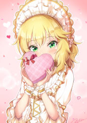 Rule 34 | 1girl, blonde hair, bonnet, bow, box, box of chocolates, center frills, covering own mouth, cross-laced clothes, cross-laced dress, dress, fingernails, flower, frilled bonnet, frilled dress, frilled headwear, frills, heart, heart-shaped box, highres, holding, holding box, idolmaster, idolmaster cinderella girls, idolmaster cinderella girls u149, light blush, medium hair, novady, pink background, pink bow, red ribbon, ribbon, rose, sakurai momoka, signature, valentine, wavy hair, white flower, white rose, wide sleeves, wrist cuffs, yellow dress