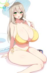 Rule 34 | 1girl, aikome (haikome), bare arms, bare legs, bare shoulders, bikini, blue archive, breasts, cleavage, food, front-tie bikini top, front-tie top, green eyes, halterneck, hat, highres, holding, holding food, huge breasts, innertube, light brown hair, long hair, looking at viewer, navel, nonomi (blue archive), nonomi (swimsuit) (blue archive), popsicle, sandals, side-tie bikini bottom, simple background, smile, solo, stomach, string bikini, swim ring, swimsuit, thighs, white background, white hat, yellow bikini