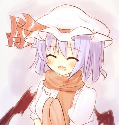 Rule 34 | 1girl, :d, bat wings, blue hair, closed eyes, fang, gaius (nikoniko2), gloves, hat, mittens, open mouth, remilia scarlet, scarf, short hair, smile, solo, touhou, wings