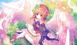 1girl, angel wings, ankle ribbon, bangs, bird, blush, book, brown hair, character request, dove, dress, eyebrows visible through hair, feathered wings, feathers, frilled skirt, frills, halo, hat, hibi89, holding, holding book, lens flare, long hair, long sleeves, looking at viewer, merc storia, open book, pantyhose, purple eyes, red footwear, red headwear, ribbon, sitting, skirt, solo, twintails, white legwear, white skirt, white wings, wings