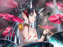 Rule 34 | 1girl, absurdres, ahoge, animal ears, arknights, bare arms, bare shoulders, black hair, blaze (arknights), blaze (burst feline) (arknights), blue eyes, breasts, camisole, cat ears, chinese commentary, cleavage, commentary request, cymbals, drum, drum set, drumsticks, hands up, headphones, highres, holding, instrument, jiafaqingfeng, medium breasts, messy hair, microphone stand, official alternate costume, smile, solo, upper body