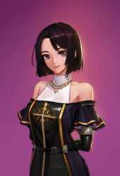 Rule 34 | 00s, bare shoulders, belt, black dress, black hair, cross, dress, dungeon and fighter, female priest (dungeon and fighter), highres, lanyuandashen, purple background, purple eyes, short hair, smile, solo