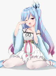 Rule 34 | 1girl, absurdres, bare shoulders, blue hair, blush, commentary request, crystal, dress, duel monster, feather boa, gradient hair, grey background, hair between eyes, hair ornament, hands up, head tilt, highres, kirikan (cokekiri), long hair, multicolored hair, one eye closed, open mouth, pantyhose, pink hair, purple eyes, rilliona (yu-gi-oh!), shadow, short dress, sitting, sleeveless, sleeveless dress, solo, strap slip, streaked hair, very long hair, wariza, white dress, white pantyhose, witchcrafter madame verre, yawning, yu-gi-oh!