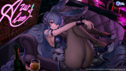 Rule 34 | 1girl, :3, absurdly long hair, absurdres, animal ears, arm strap, ass, azur lane, b-pang, bare shoulders, black footwear, black leotard, blue eyes, blue hair, bottle, breasts, brown pantyhose, cleavage, closed mouth, couch, cup, drinking glass, fake animal ears, feet, hand on own ass, headgear, high heels, high ponytail, highres, indoors, large breasts, legs, legs up, leotard, long hair, looking at viewer, nail polish, neon lights, new jersey (azur lane), new jersey (exhilarating steps!) (azur lane), official alternate costume, official art, on couch, outstretched arm, pantyhose, patent heels, playboy bunny, ponytail, pumps, rabbit ears, see-through, see-through cleavage, shoe dangle, shoes, skindentation, smile, solo, stiletto heels, tailcoat, thick thighs, thighs, very long hair, wrist cuffs