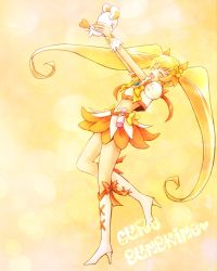 Rule 34 | 10s, 1girl, ^ ^, blonde hair, boots, bow, brooch, closed eyes, cure sunshine, closed eyes, hair ribbon, happy, heart, heart brooch, heartcatch precure!, knee boots, long hair, magical girl, midriff, myoudouin itsuki, naka (ez), navel, open mouth, orange skirt, potpourri (heartcatch precure!), precure, ribbon, skirt, twintails, yellow background, yellow bow