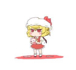 Rule 34 | 1girl, annoyed, blonde hair, blood, blush stickers, chibi, corpse, drinking, drinking straw, female focus, flandre scarlet, gameplay mechanics, hat, holding, inishie, jitome, pool of blood, power-up, red eyes, short hair, solo, standing, touhou, wings