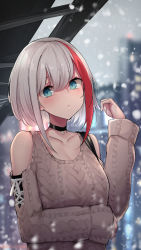 Rule 34 | 1girl, admiral graf spee (azur lane), admiral graf spee (daily peaceful life) (azur lane), admiral graf spee (peaceful daily life) (azur lane), aran sweater, azur lane, blue eyes, blurry, bokeh, brown sweater, cable knit, choker, closed mouth, clothing cutout, collarbone, commentary request, depth of field, hand up, highres, long sleeves, looking at viewer, multicolored hair, osisio, short hair, shoulder cutout, snowing, solo, strap, streaked hair, sweater, upper body, winter