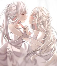 Rule 34 | 2girls, ak-12 (girls&#039; frontline), an-94 (girls&#039; frontline), aogisa, bad id, bad pixiv id, bare arms, bare shoulders, blue eyes, blush, bride, closed eyes, collarbone, dress, flower, girls&#039; frontline, hair flower, hair ornament, highres, long hair, multiple girls, silver hair, sleeveless, sleeveless dress, smile, wedding dress, white dress, wife and wife, yuri