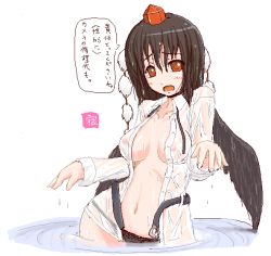 Rule 34 | 1girl, black hair, black wings, breasts, female focus, hat, looking at viewer, medium breasts, neru fia, nipples, open clothes, open mouth, open shirt, red eyes, see-through, shameimaru aya, shirt, solo, tokin hat, touhou, translation request, wading, water, wet, wet clothes, wet shirt, wings