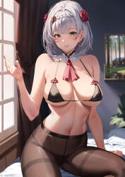 Rule 34 | 1girl, absurdres, amagimei, bare arms, bare shoulders, bikini, black bikini, black pantyhose, braid, breasts, cleavage, earrings, genshin impact, green eyes, grey hair, hair ornament, highres, indoors, jewelry, large breasts, looking at viewer, mole, mole on breast, navel, noelle (genshin impact), pantyhose, parted lips, sideboob, smile, solo, stomach, swimsuit, thighband pantyhose, thighs, underboob, window