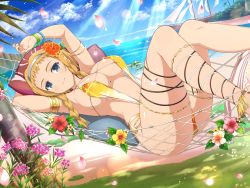 Rule 34 | 1girl, armband, armpits, arms up, beach, bikini, blonde hair, blue eyes, blue sky, braid, breasts, closed mouth, crossover, day, exiled warrior leina, falling petals, flower, hair flower, hair ornament, hairband, hammock, highres, jewelry, large breasts, legs, leina (queen&#039;s blade), leina (queen's blade), lying, nail polish, ocean, official art, on back, outdoors, petals, queen&#039;s blade, senran kagura, senran kagura new link, ship, short hair, sideboob, sky, slingshot swimsuit, smile, solo, sunlight, swimsuit, thigh strap, thighs, tree, twin braids, watercraft, wristband, yaegashi nan, yellow bikini