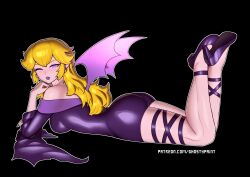 Rule 34 | 1girl, absurdres, arm support, ass, bat wings, blonde hair, breasts, dress, feet, ghostypaint, halloween, heels, highres, large breasts, legs, long hair, looking at viewer, lying, mario (series), nintendo, on stomach, one eye closed, parted lips, princess peach, purple eyes, smile, solo, the pose, thighs, wings, wink