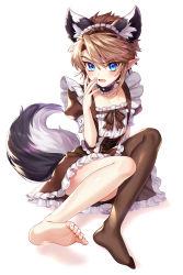 Rule 34 | 1boy, absurdres, alternate costume, animal ears, apron, asymmetrical clothes, bare legs, black legwear, brown dress, collarbone, commentary request, crossdressing, dress, enmaided, fang, highres, link, looking at viewer, maid, maid headdress, male focus, nintendo, ninto, puffy short sleeves, puffy sleeves, short hair, short sleeves, simple background, single pantsleg, skin fang, solo, tail, the legend of zelda, the legend of zelda: twilight princess, white background, wolf ears, wolf tail
