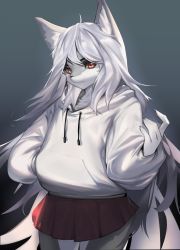 Rule 34 | 1girl, absurdres, animal ear fluff, animal ears, body fur, brown eyes, commentary, commission, drawstring, english commentary, furry, furry female, grey background, grey fur, grey hair, grey hoodie, hand in pocket, highres, hood, hoodie, long hair, looking to the side, open hand, original, red skirt, skirt, snout, solo, very long hair, wolf ears, woobin94