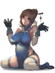 Rule 34 | 1girl, bare shoulders, beads, black-framed eyewear, black panties, blue dress, blue footwear, boots, breasts, brown eyes, brown hair, china dress, chinese clothes, covered navel, dress, elbow gloves, fur trim, gloves, groin, hair bun, hair ornament, hair stick, hands up, highres, large breasts, lips, looking at viewer, mei (overwatch), overwatch, overwatch 1, panties, parted lips, pelvic curtain, pink lips, plump, short dress, short hair, side-tie panties, side slit, sidelocks, simple background, single hair bun, sitting, skin tight, sky of morika, sleeveless, sleeveless dress, smile, solo, swept bangs, teeth, thighhighs, turtleneck, underwear, wariza, white background, white thighhighs