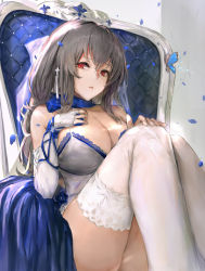 Rule 34 | 1girl, azur lane, bare shoulders, breasts, china dress, chinese clothes, cleavage, cross, cross earrings, dress, earrings, elbow gloves, fingerless gloves, gloves, grey hair, hair between eyes, hand on own chest, hand on own knee, highres, jewelry, knees up, konnichiwa kanemura, lace, lace-trimmed legwear, lace trim, large breasts, long hair, mole, mole under eye, parted lips, red eyes, saint-louis (azur lane), saint-louis (holy knight&#039;s resplendence) (azur lane), saint-louis (holy knight&#039;s resplendence) (azur lane), sitting, sleeveless, sleeveless dress, solo, thighhighs, thighs, white dress, white gloves, white thighhighs