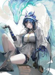 Rule 34 | 1girl, absurdres, arknights, arm wrap, beads, black gloves, blue hair, blue shorts, boots, coat, coin, cross-laced footwear, crossed legs, cup, dragon, dragon horns, earrings, elbow gloves, foot out of frame, gloves, gourd, grey eyes, head tilt, highres, holding, holding cup, holed coin, horns, jewelry, knee up, kurikabacha, ling (arknights), long hair, looking at viewer, necktie, open clothes, open coat, parted lips, pointy ears, ponytail, shirt, shorts, sitting, solo, tassel, tassel earrings, thigh strap, underbust, very long hair, white coat, white shirt, wide sleeves, yellow necktie