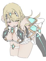 Rule 34 | 1girl, bare shoulders, blonde hair, breasts, chest jewel, cleavage, cleavage cutout, clothing cutout, commentary, cropped legs, dress, earrings, elbow gloves, gloves, highres, jewelry, kame 0 0 kame, large breasts, leaning forward, mythra (xenoblade), open mouth, simple background, solo, thigh strap, tiara, white background, white dress, white gloves, xenoblade chronicles (series), xenoblade chronicles 2, yellow eyes