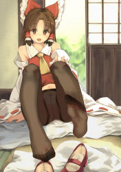 Rule 34 | 1girl, :d, ascot, bad id, bad pixiv id, bare shoulders, benikurage (cookie), black pantyhose, bow, bright pupils, brown eyes, brown hair, commentary request, cookie (touhou), day, detached sleeves, feet, full body, hair bow, hair tubes, hakurei reimu, highres, indoors, knees up, legs up, looking at viewer, mary janes, meji aniki, navel, open mouth, panties, pantyhose, parted bangs, paw print, pink panties, red bow, red footwear, red vest, ribbon, ribbon-trimmed sleeves, ribbon trim, shoes, unworn shoes, short hair, sidelocks, sitting, sliding doors, smile, soles, solo, touhou, underwear, vest, yellow ascot