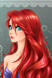Rule 34 | 1girl, absurdres, aqua eyes, ariel (disney), bubble, highres, lips, long hair, looking at viewer, mari945, md5 mismatch, red hair, red lips, resized, resolution mismatch, shell, shell bikini, smile, solo, source smaller, the little mermaid, upscaled